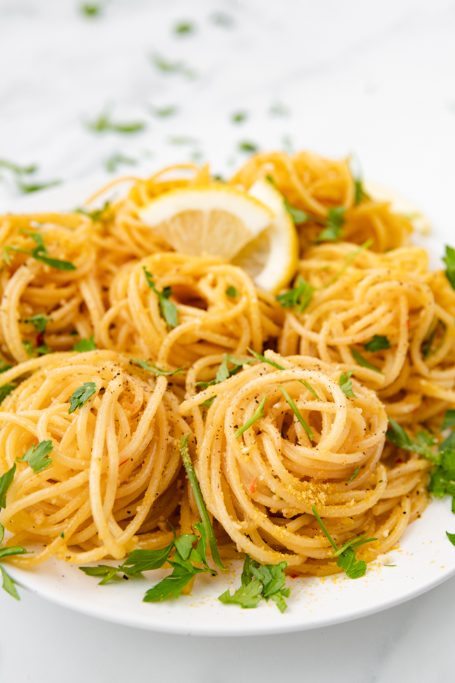 Close-up photo of a plate of lemon pasta