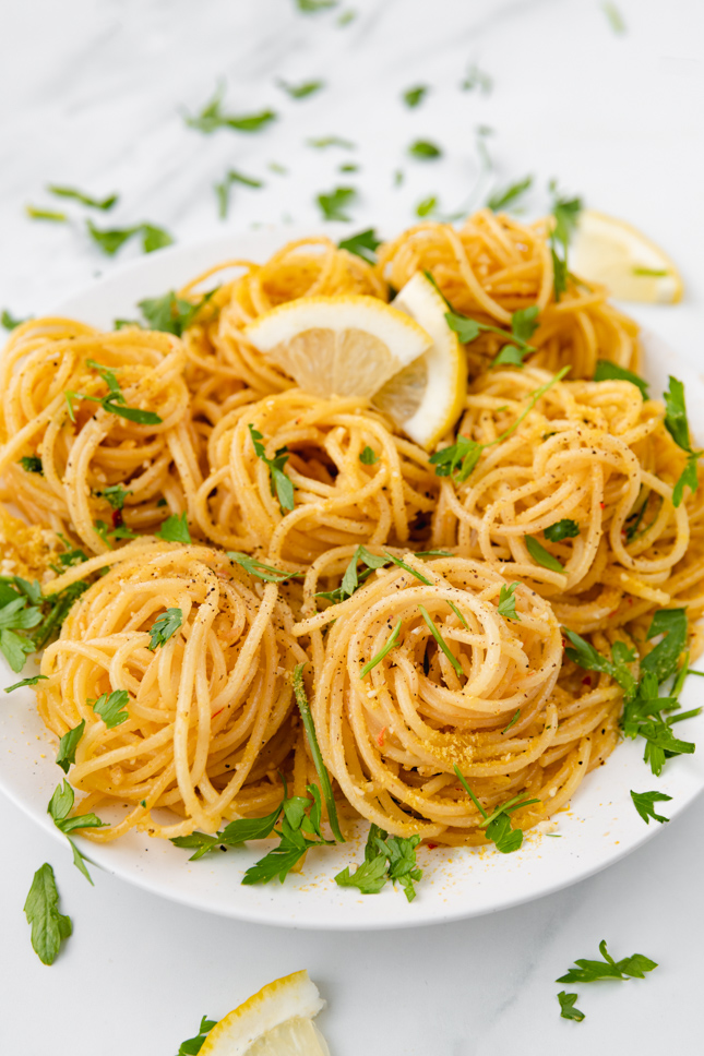 Side photo of a plate of lemon pasta