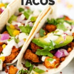 Close-up photo of some tofu tacos with the words tofu tacos