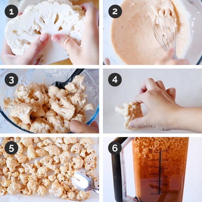 Photos of the first 6 steps of how to make buffalo cauliflower wings