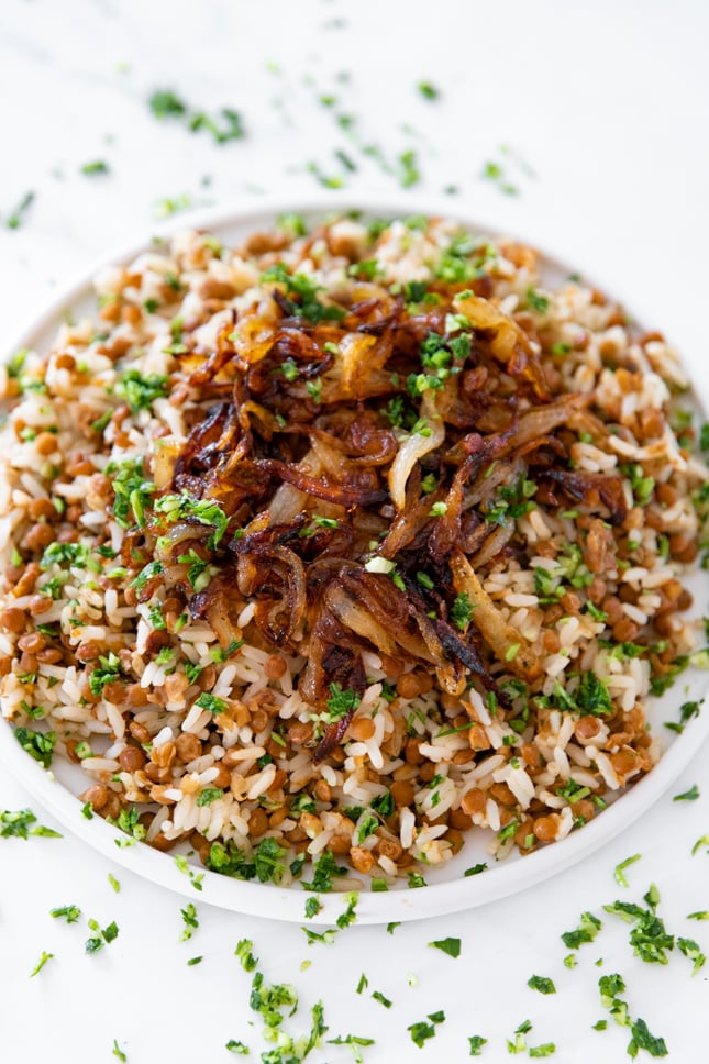 Close-up photo of a plate of mujadara