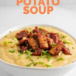 Side shot of a bowl of vegan potato soup with the words vegan potato soup