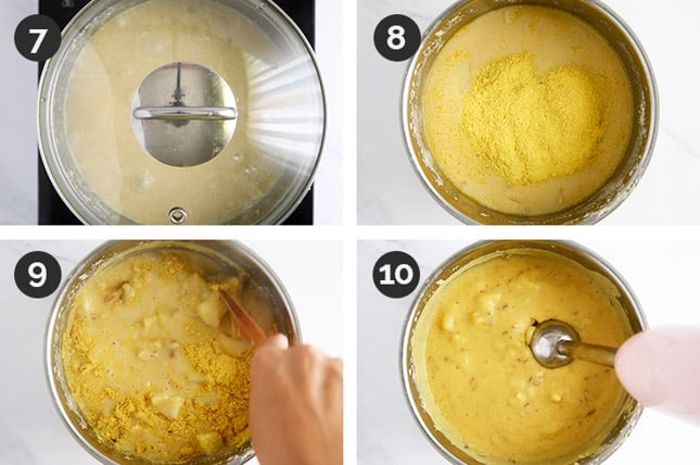 Photos of the last 4 steps of how to make vegan potato soup