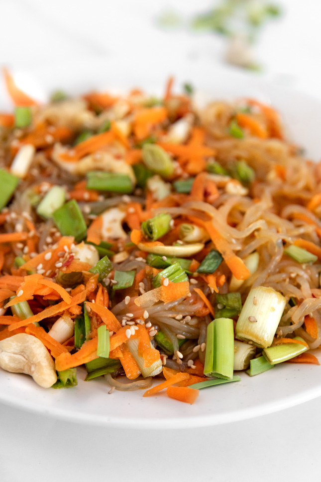 Close-up photo of a plate of kelp noodle salad