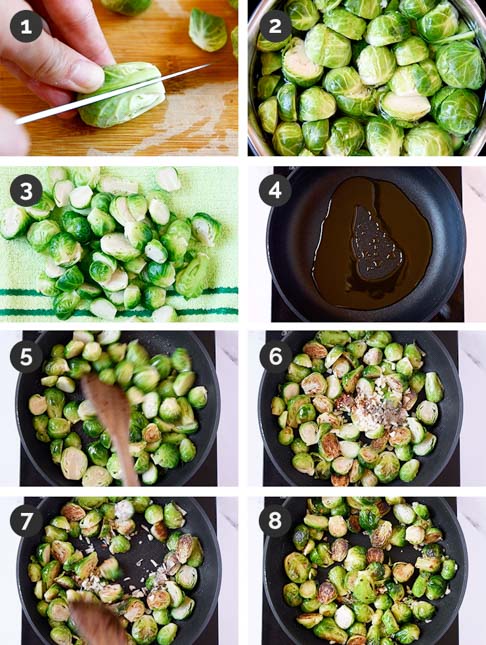 Step-by-step photos of how to make sauteed Brussels sprouts