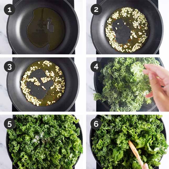 Step-by-step photos of how to make sauteed kale