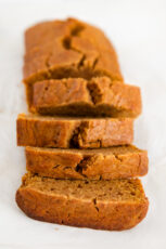 Photo of a sliced loaf of vegan pumpkin bread