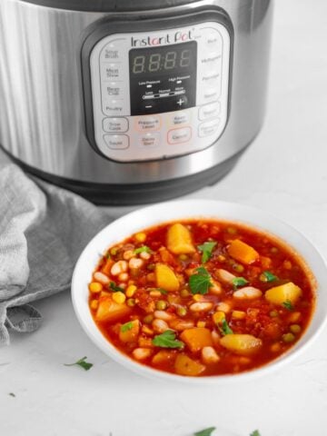 Photo of a bowl of Instant Pot vegetable soup with an Instant Pot