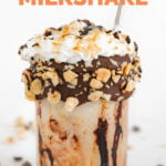 Side photo of a glass jar of vegan milkshake with the words vegan milkshake