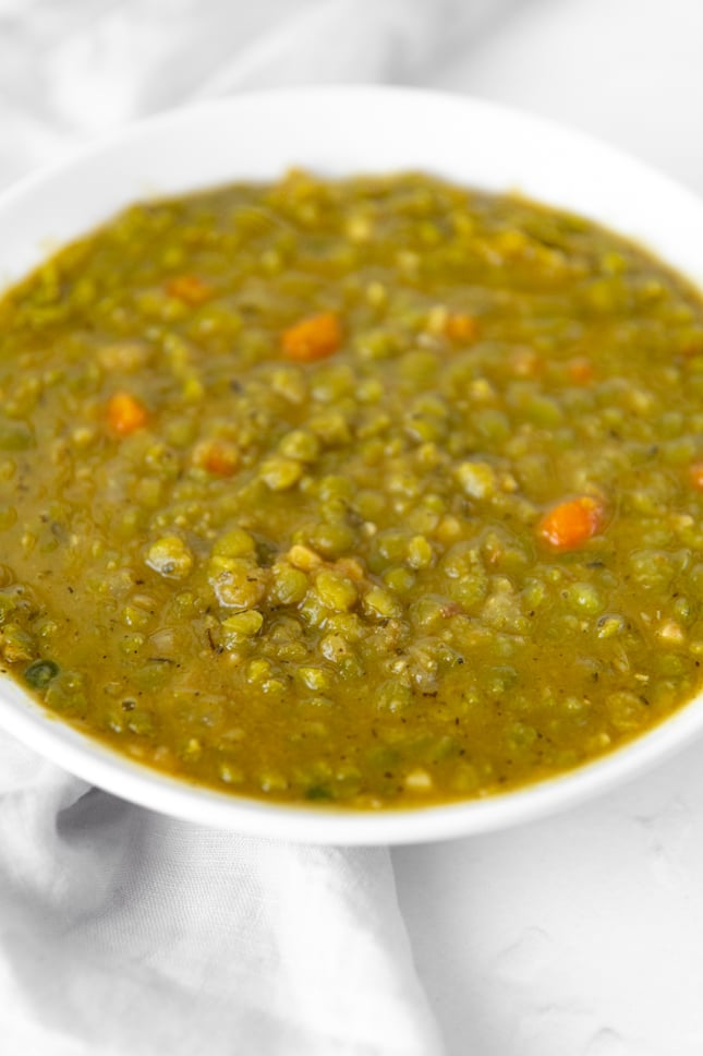Close-up photo of a plate of vegan split pea soup