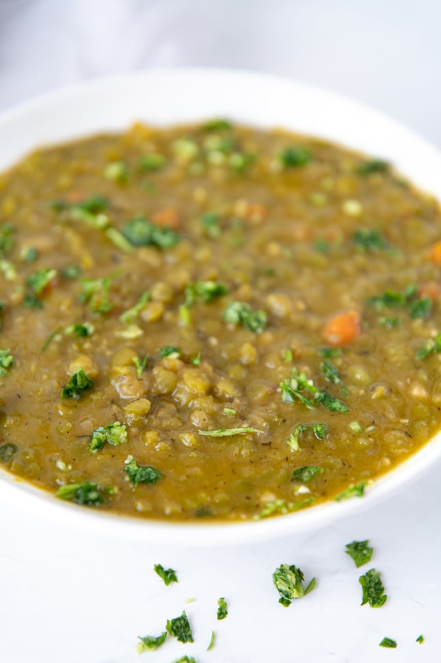 Close-up photo of a bowl of vegan split pea soup