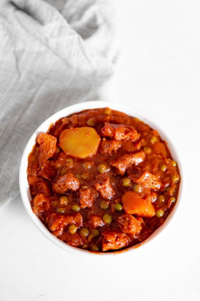 Photo of a bowl of vegan stew taken from the above