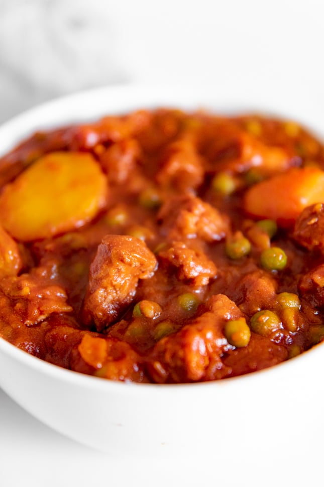 Close-up photo of a bowl of vegan stew