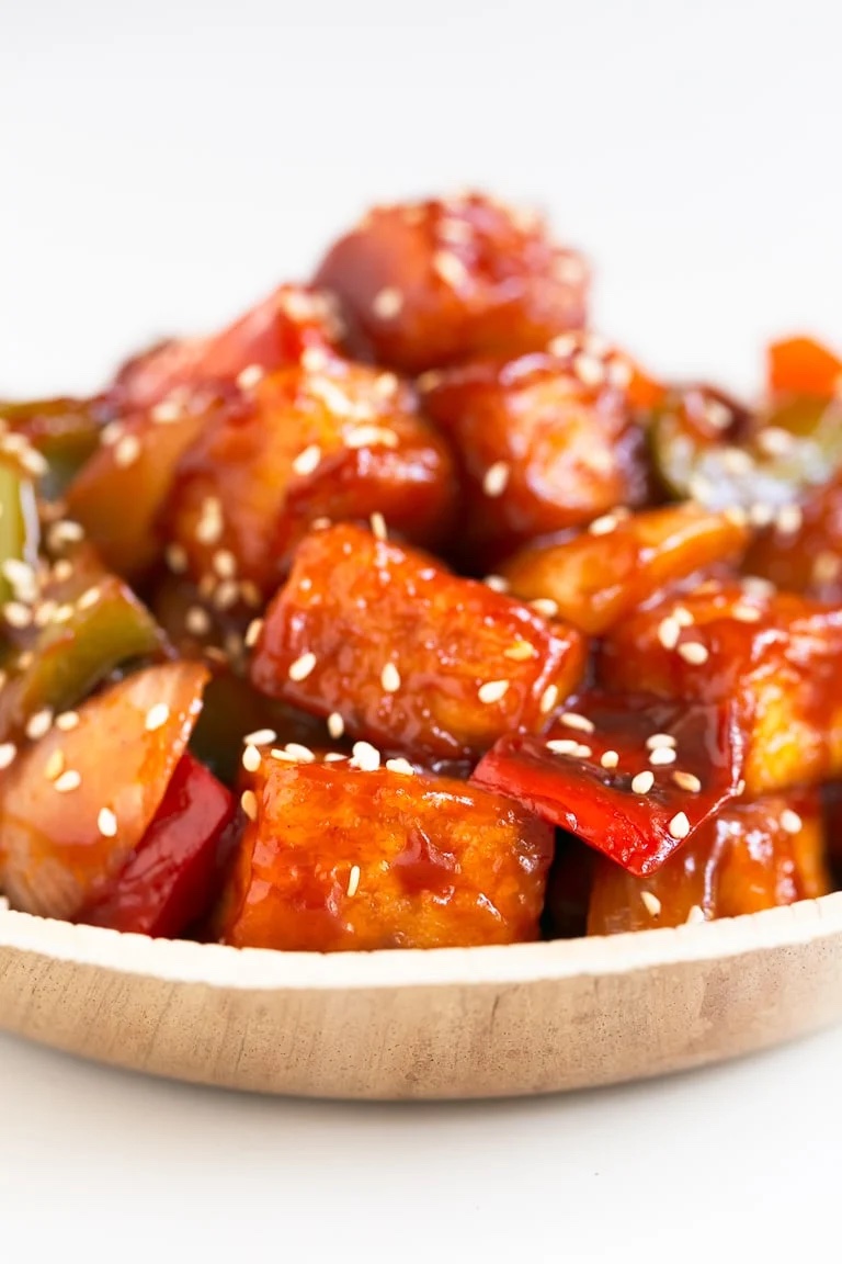 Close-up photo of a plate of sweet and sour tofu