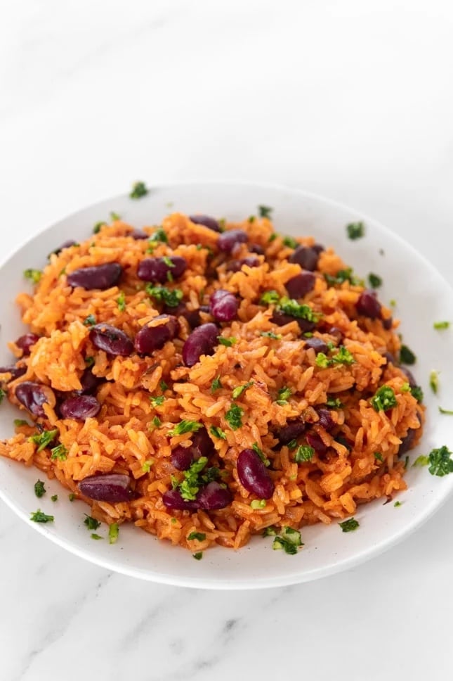 Photo of a plate of Spanish rice and beans