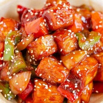 Photo of a plate of sweet and sour tofu