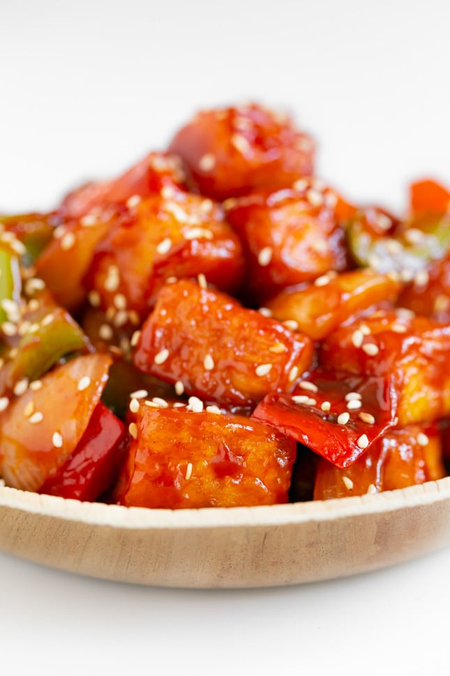 Side photo of a plate of sweet and sour tofu