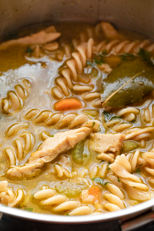 Close-up photo of a pot of vegan chicken noodle soup