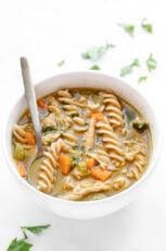 Photo of a bowl of vegan chicken noodle soup