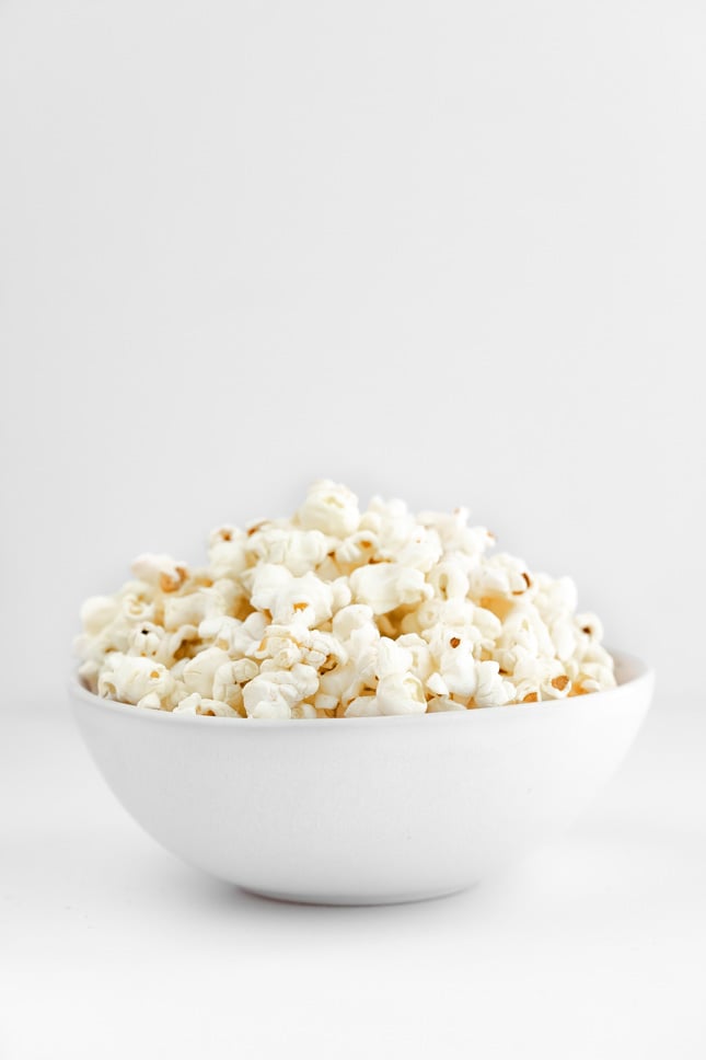 Side photo of a bowl of vegan popcorn