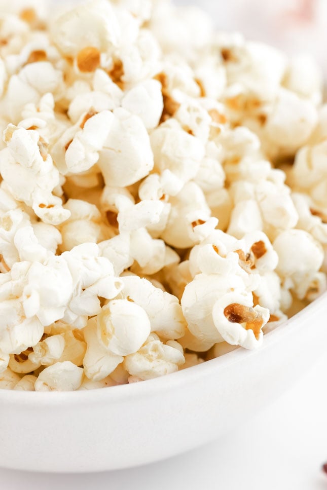 Close-up photo of a bowl of vegan popcorn
