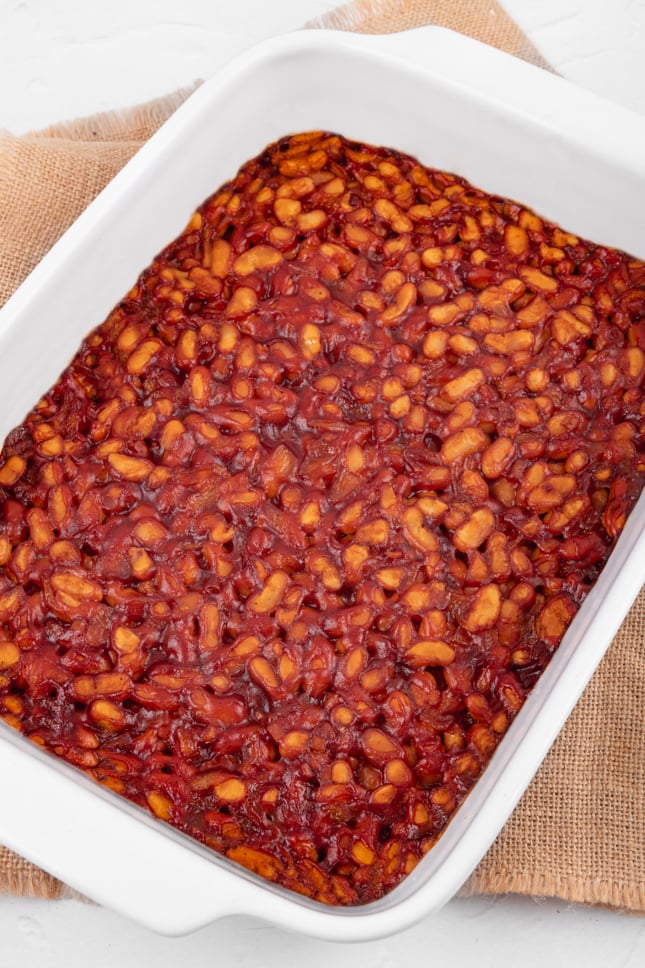 Photo of a baking dish of vegan baked beans