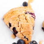Close-up photos of some vegan scones with a title