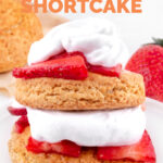 Close-up photos of a vegan strawberry shortcake with a title