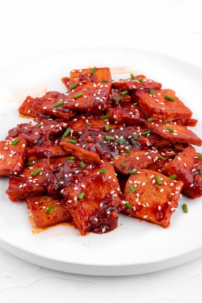Close-up photo of a plate of spicy tofu
