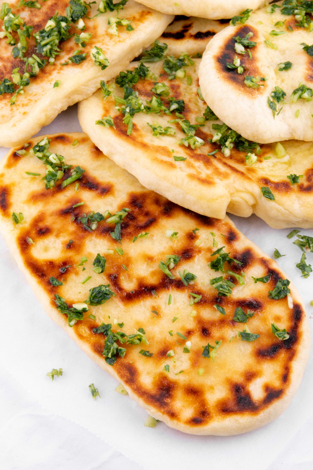 Close-up photo of some slices of vegan naan