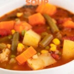 Close-up photo of a bowl of vegan vegetable soup with a title