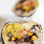 Side photo of a vegan burrito with a heading