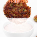 Close-up photos of vegan zucchini fritters with a heading