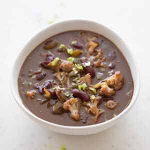 Square photo of a bowl with vegan gumbo