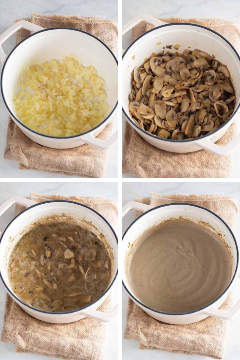 Step-by-step photos of how to make vegan mushroom soup