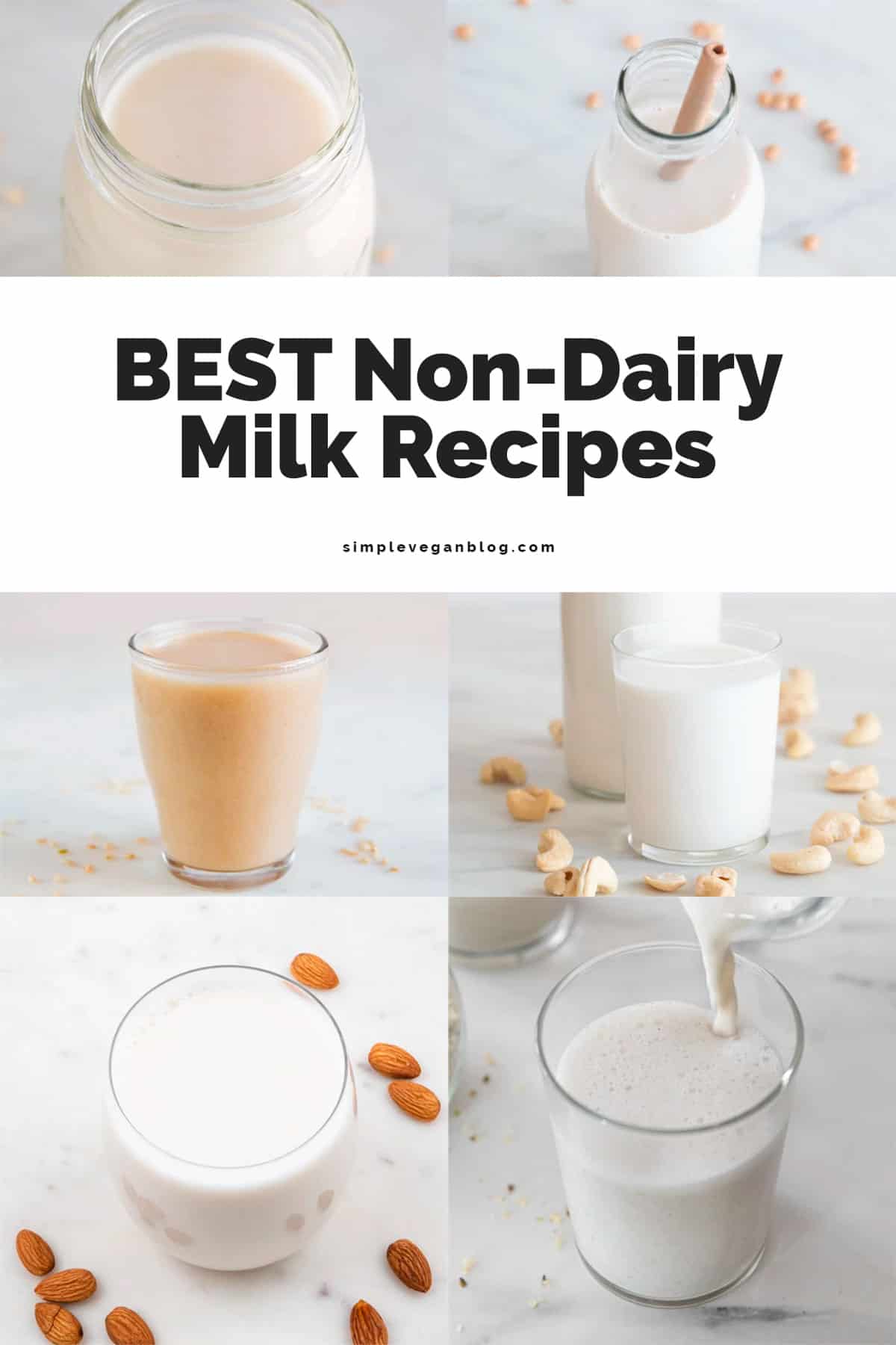 A collage with photos of different types of non-dairy milk.