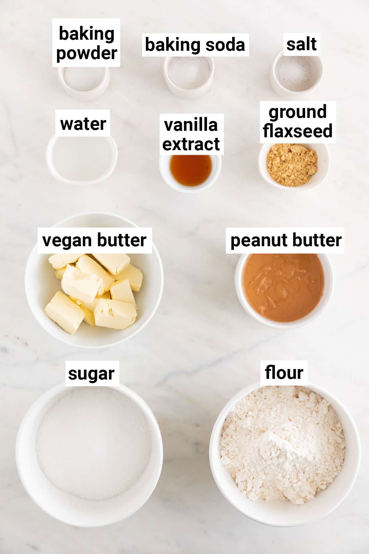 Ingredients needed to make vegan peanut butter cookies.