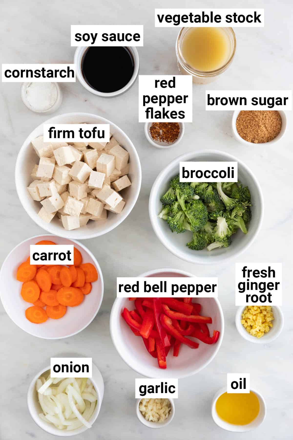 Ingredients needed to make tofu stir fry.
