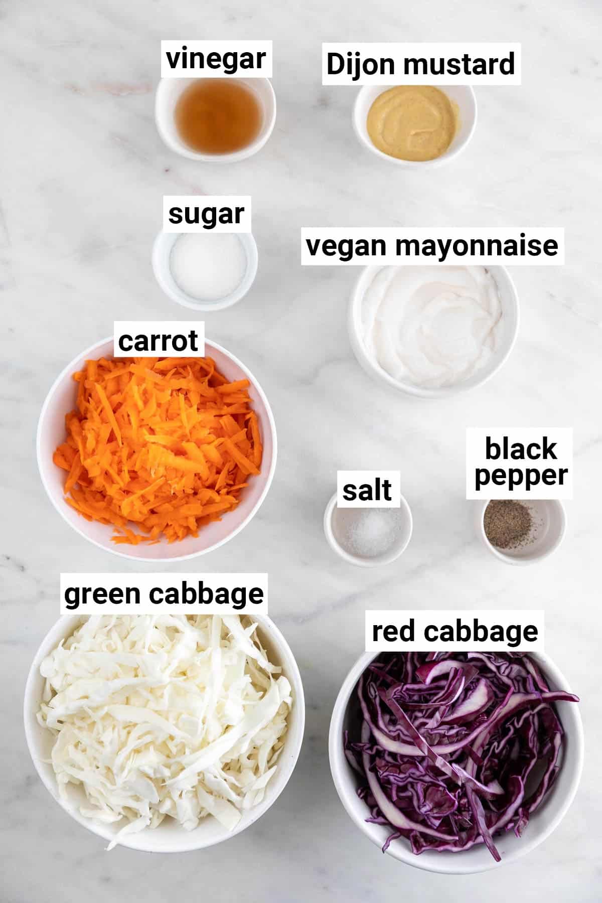 Ingredients needed to make vegan coleslaw.
