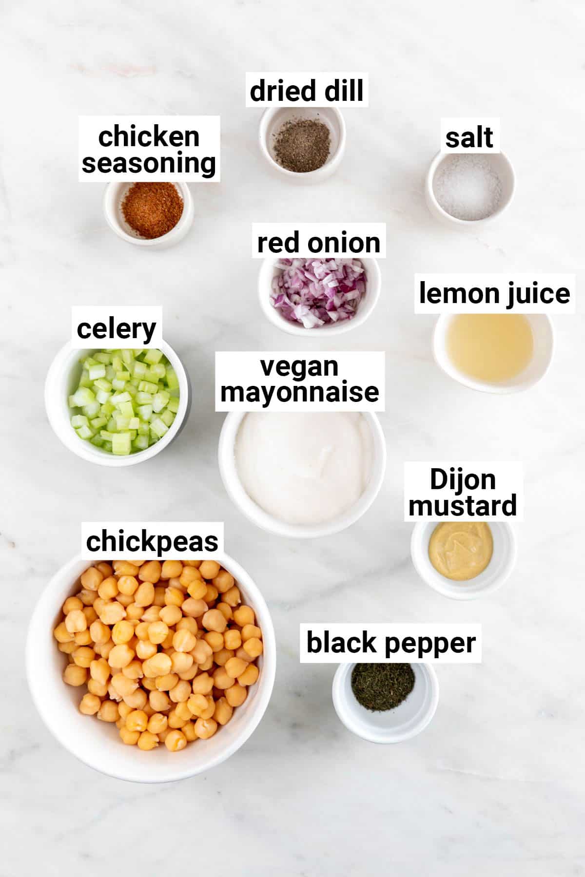 Ingredients needed to make vegan chicken salad.