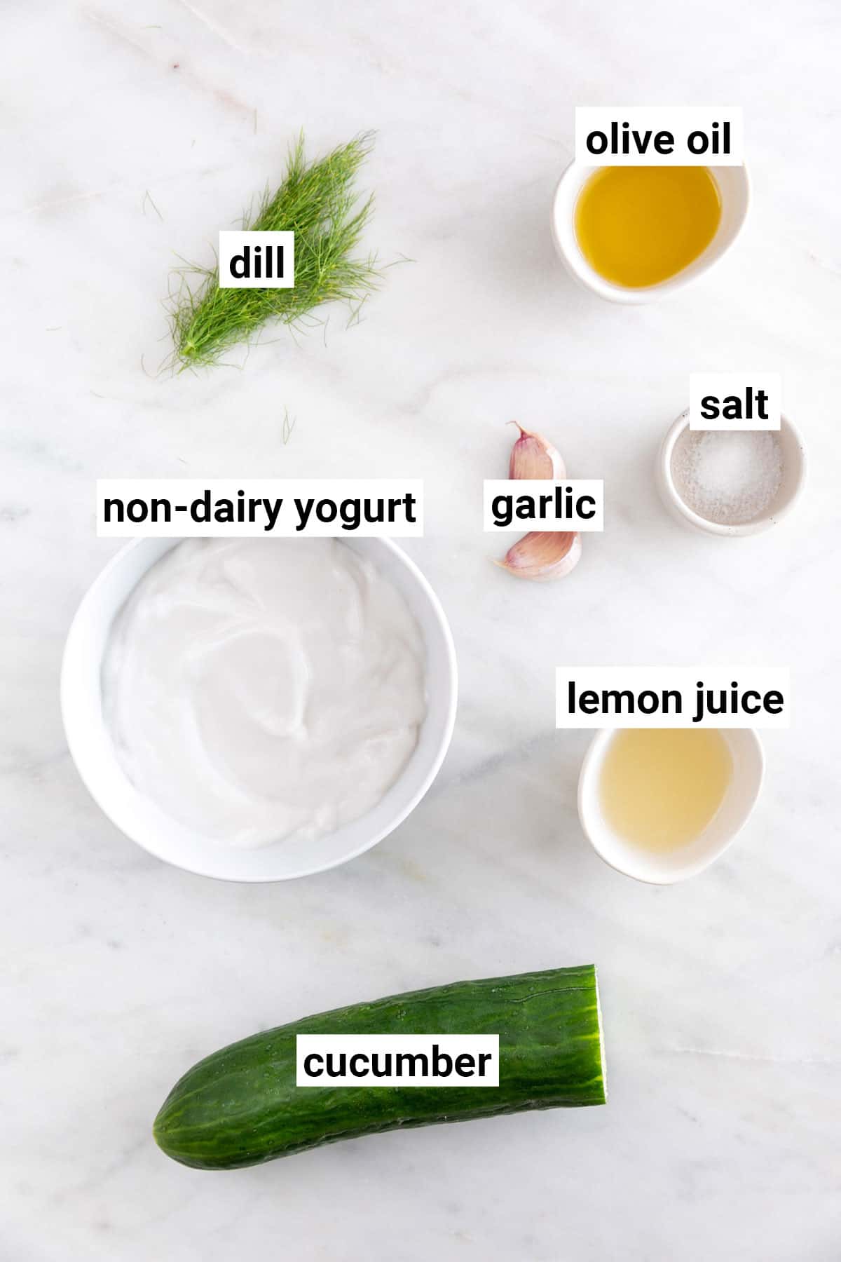 Ingredients needed to make vegan tzatziki sauce.