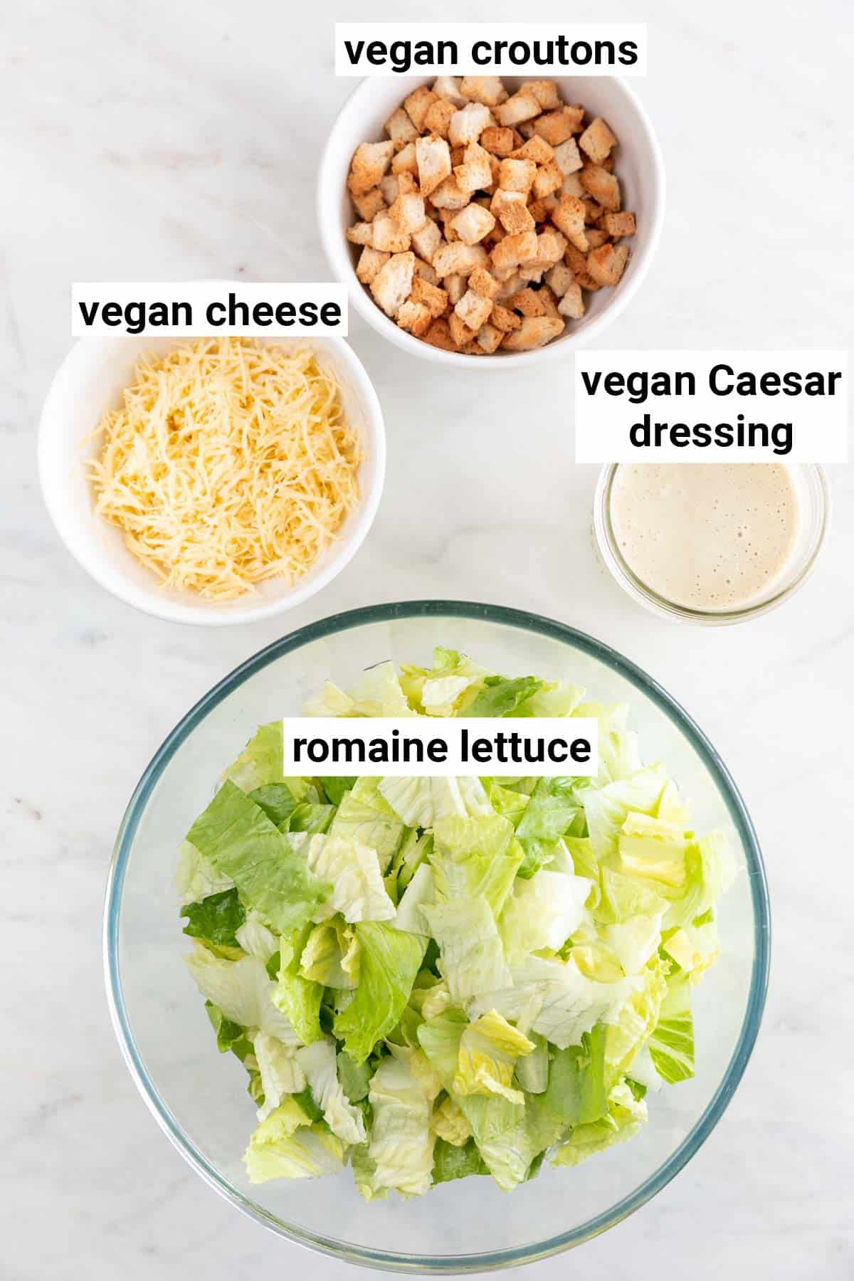 Ingredients needed to make vegan Caesar salad.