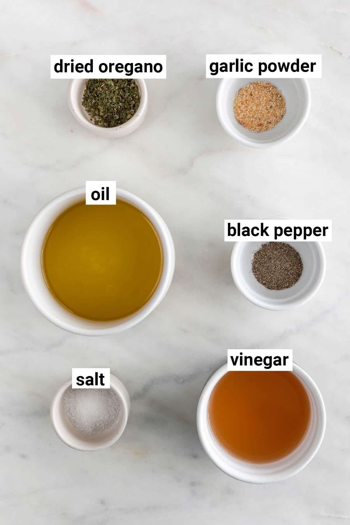 Ingredients needed to make the vegan pasta salad dressing.