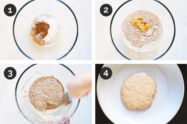 Step-by-step guide to delicious vegan banana pancakes in a collage of photos.