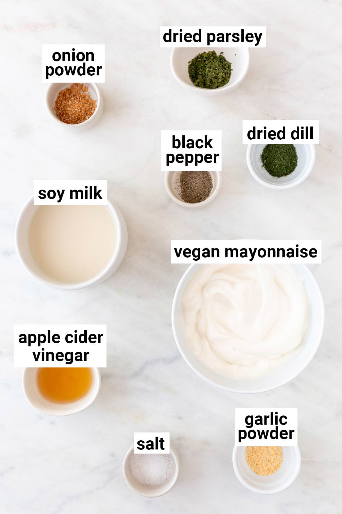 Ingredients needed to make the best vegan ranch dressing.
