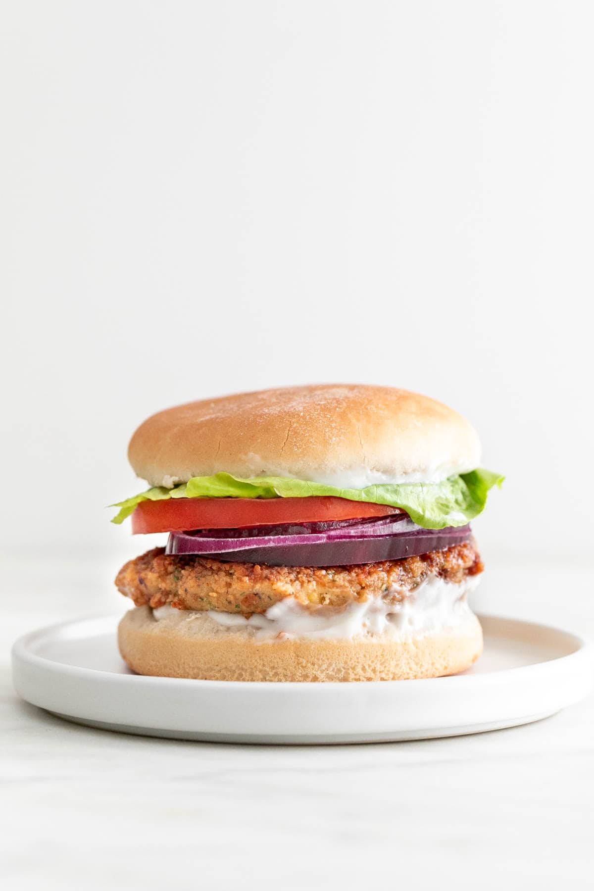 Chickpea burger patty on bun with lettuce, tomato, red onion, and mayo.