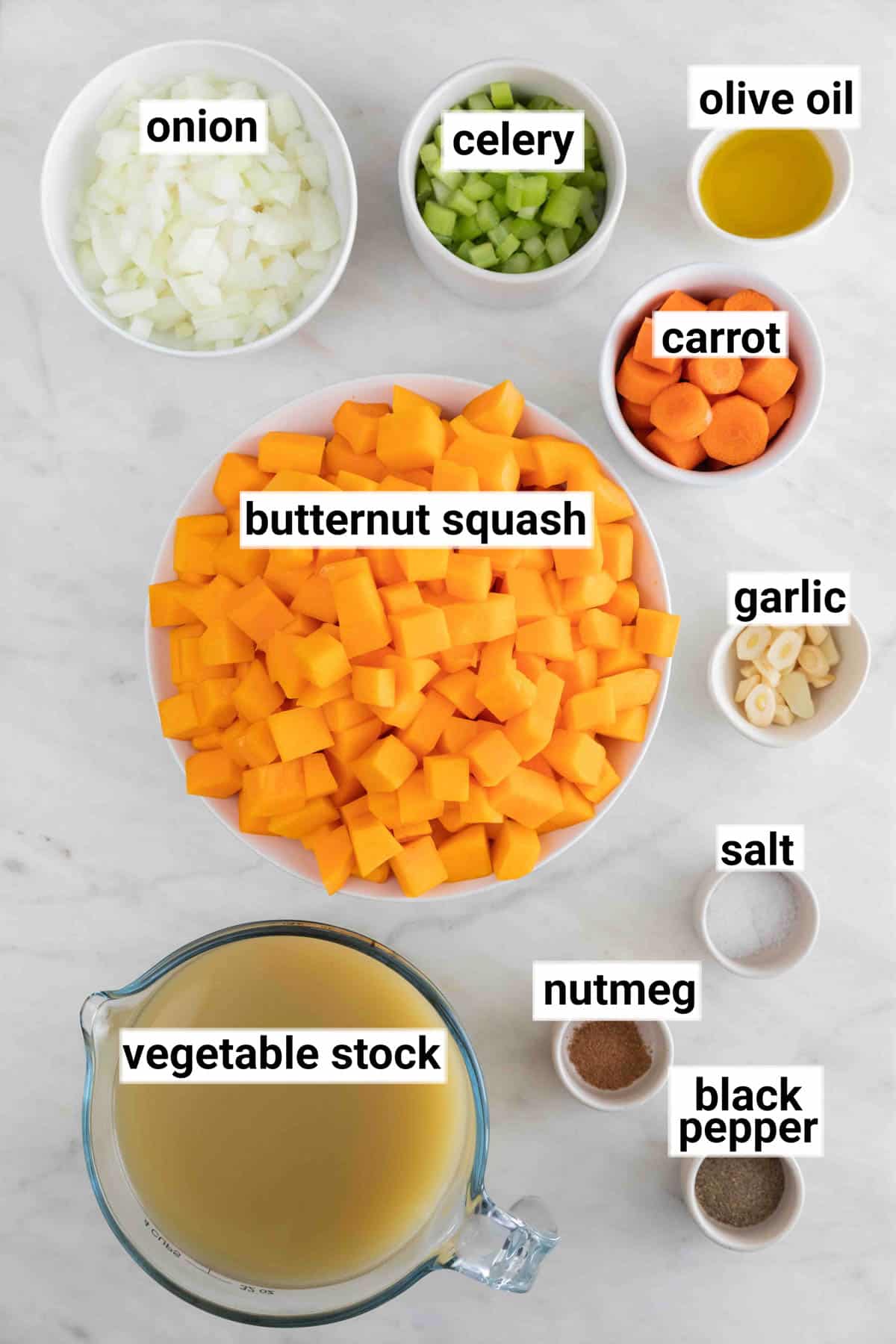 Ingredients needed to make vegan butternut squash soup.