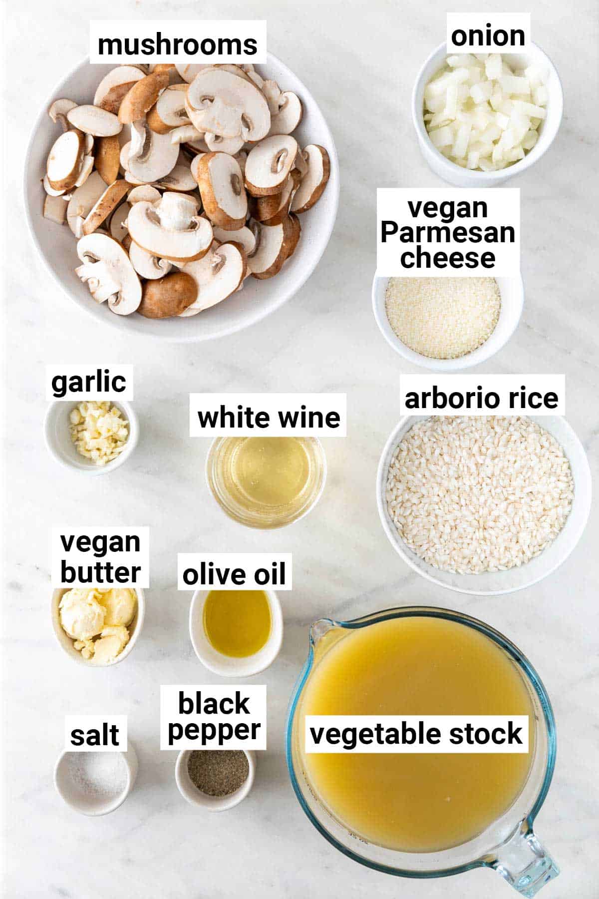 Ingredients needed to make vegan mushroom risotto.