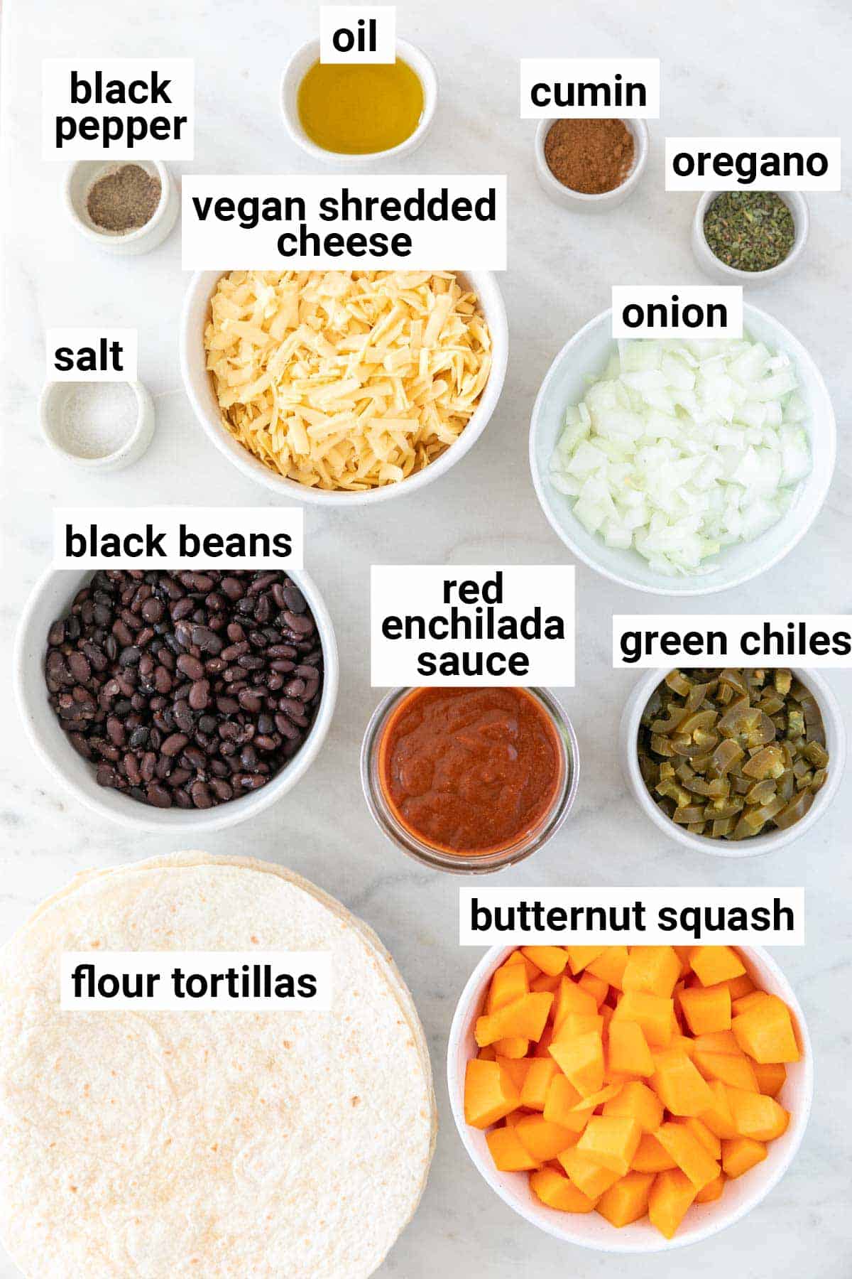 Ingredients needed to make vegan enchiladas.