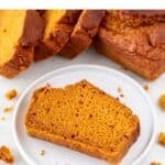 Sliced vegan pumpkin bread and a plated slice.
